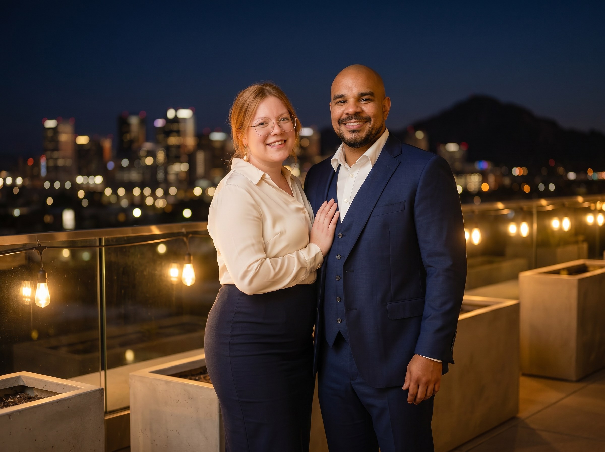 Anthony Payne and Rebbecca Mayo, co-founders of Level Up Lavatories, photographed against the Phoenix skyline